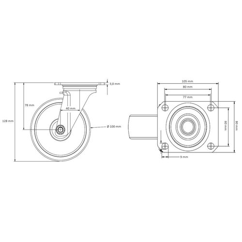 Roue pour chariot industriel de 100 mm de diamètre- PA / caoutchouc