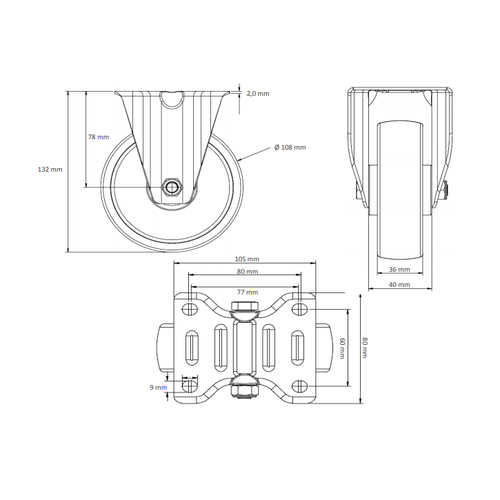 Roue fixe diamètre 108mm avec roulement à rouleaux - PP