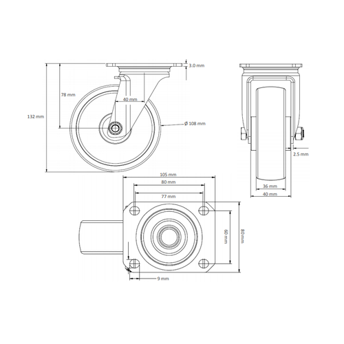 Roue pivotante | PP | Ø 108mm - avec roulement à rouleaux, 150kg