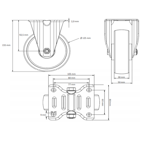 Bokwiel PP Ø 125mm - met rollager, 150kg