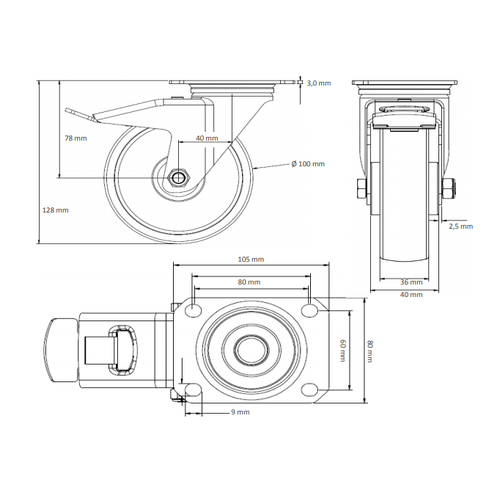 Zwenkwiel PA Ø 100 mm  - met rollager en rem, 150 kg