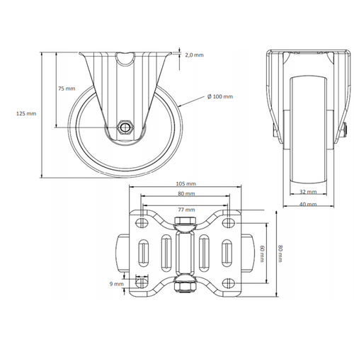 Bokwiel PP/TPR Ø 100 mm - met rollager, 100 kg