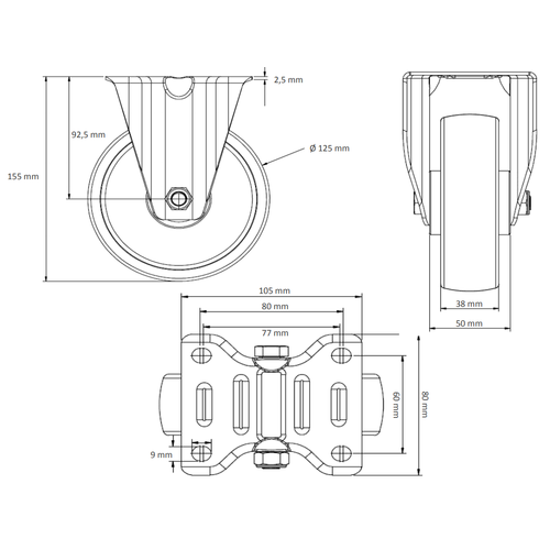 Roulette fixe de diamètre 125mm avec roulement à billes - PA/Caoutchouc