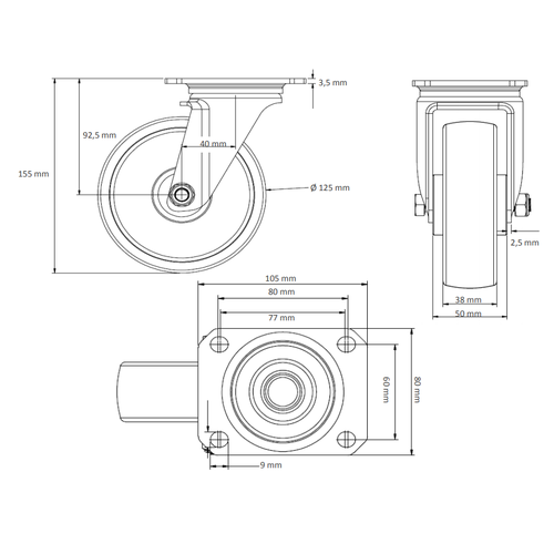 Roulette pivotante diamètre 125mm avec roulement à billes - PA / Caoutchouc