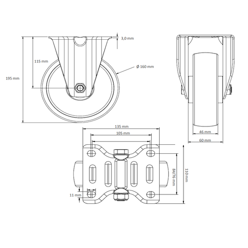 Roue fixe de 160 mm de diamètre avec double roulement à billes - PA/ Caoutchouc