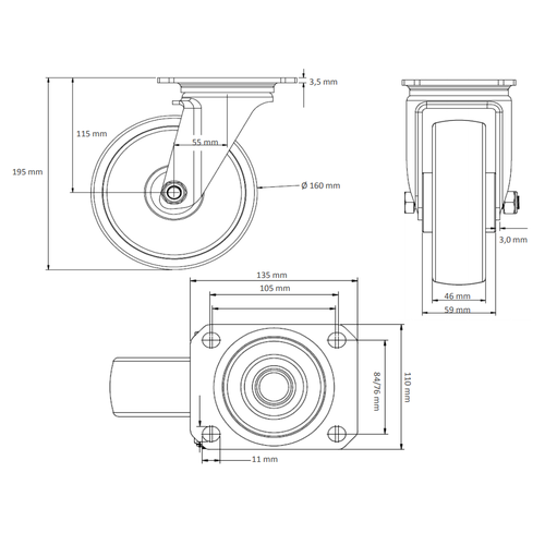 Zwenkwiel PA/Rubber Ø 160 mm - met dubbele kogellager, 300 kg