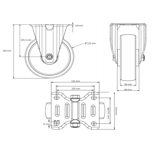 Bokwiel zwaarlast ALU/PU Ø 125 mm - met dubbele kogellager, 500 kg