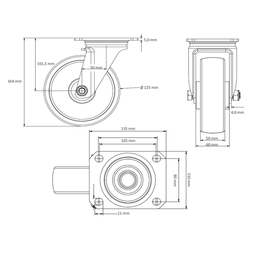 Zwenkwiel zwaarlast ALU/PU Ø 125 mm - met dubbele kogellager, 500 kg