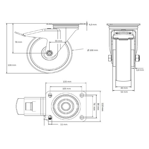 Roue pivotante charge lourde ALU/PU Ø 100 mm - avec double roulement à billes et frein, 250 kg