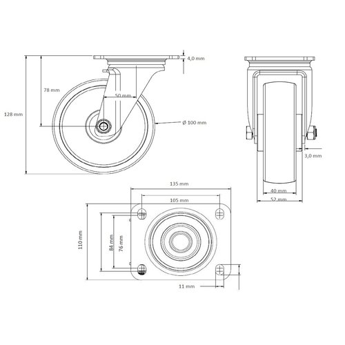 Roue pivotante charge lourde ALU / PU Ø 100 mm - avec double roulement à billes, 250 kg