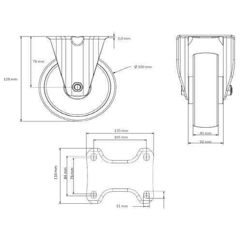 Roue fixe charge lourde ALU / PU Ø 100 mm - avec double roulement à billes, 250 kg
