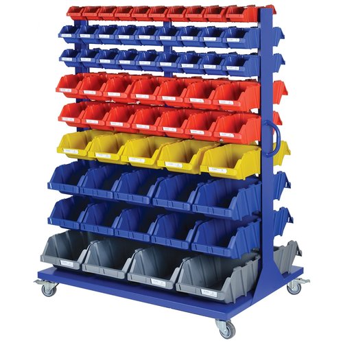 Dubbelzijdig rek met 118 magazijnbakken 1150x850x1530 mm - 4 wielen