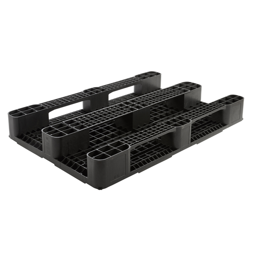 Kunststof pallet 1200x800x145mm, 3 sledes metaal, opstaande rand, PE-PP