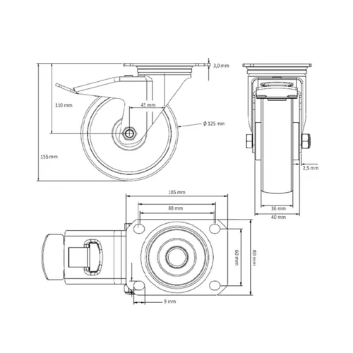 Zwenkwiel PA Ø 125mm - met rollager en rem, grijs, 200kg