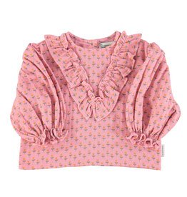 piupiuchick Blouse w/ v-neck ruffles on chest | Pink w/ little flowers