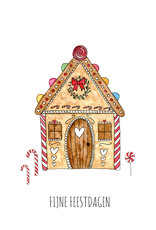Juulz Illustrations Wenskaart Kerst | Peperkoekhuis