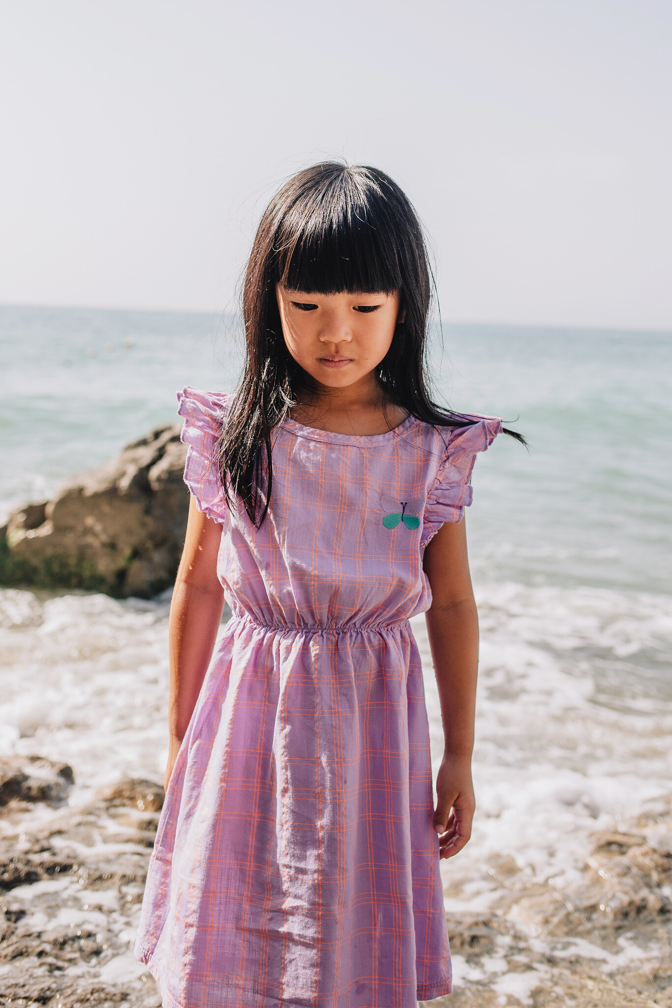 Lötie kids Ruffle Sleeve Woven Dress Checks+Butterfly | Mauve