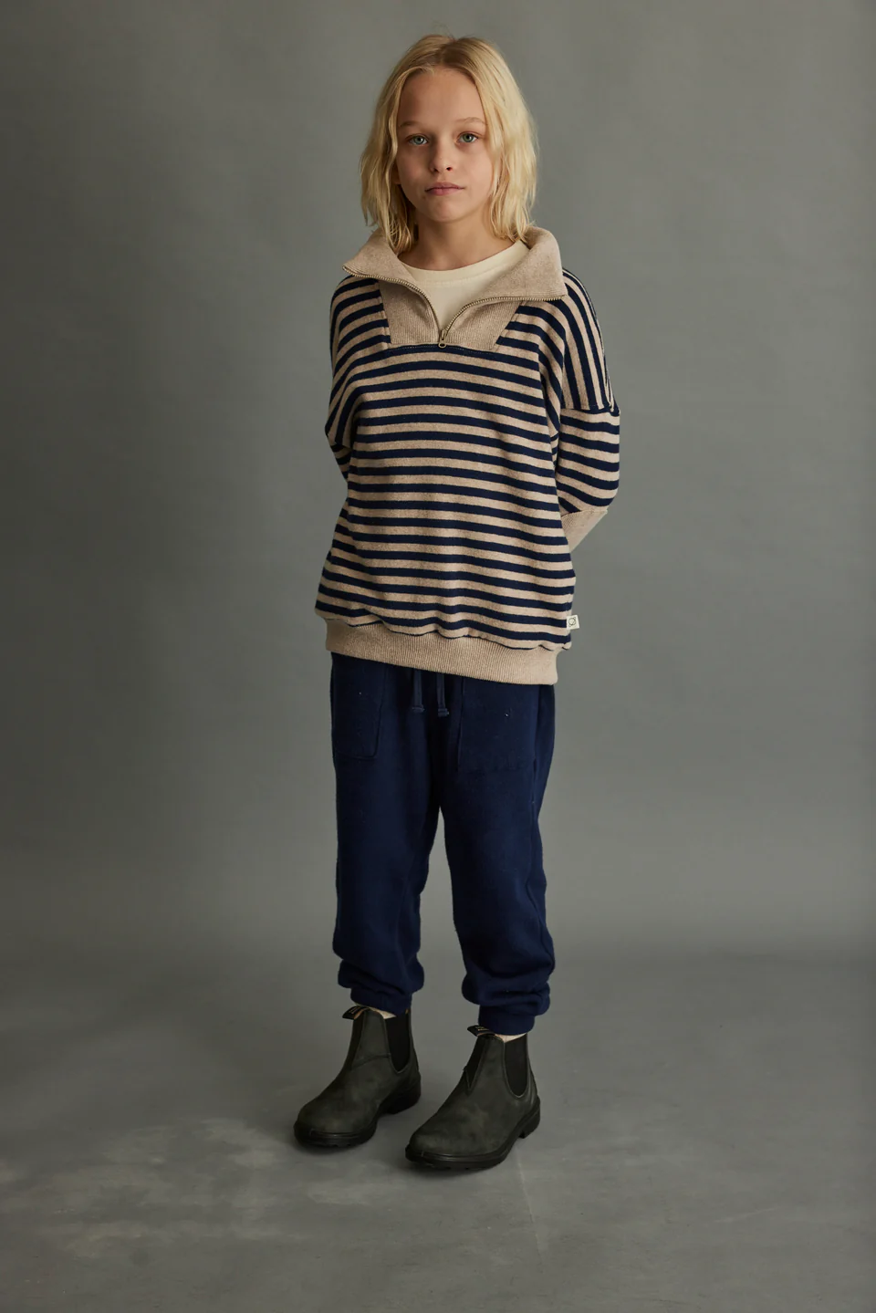 My Little Cozmo Soft Striped Sweater | Beige Navy