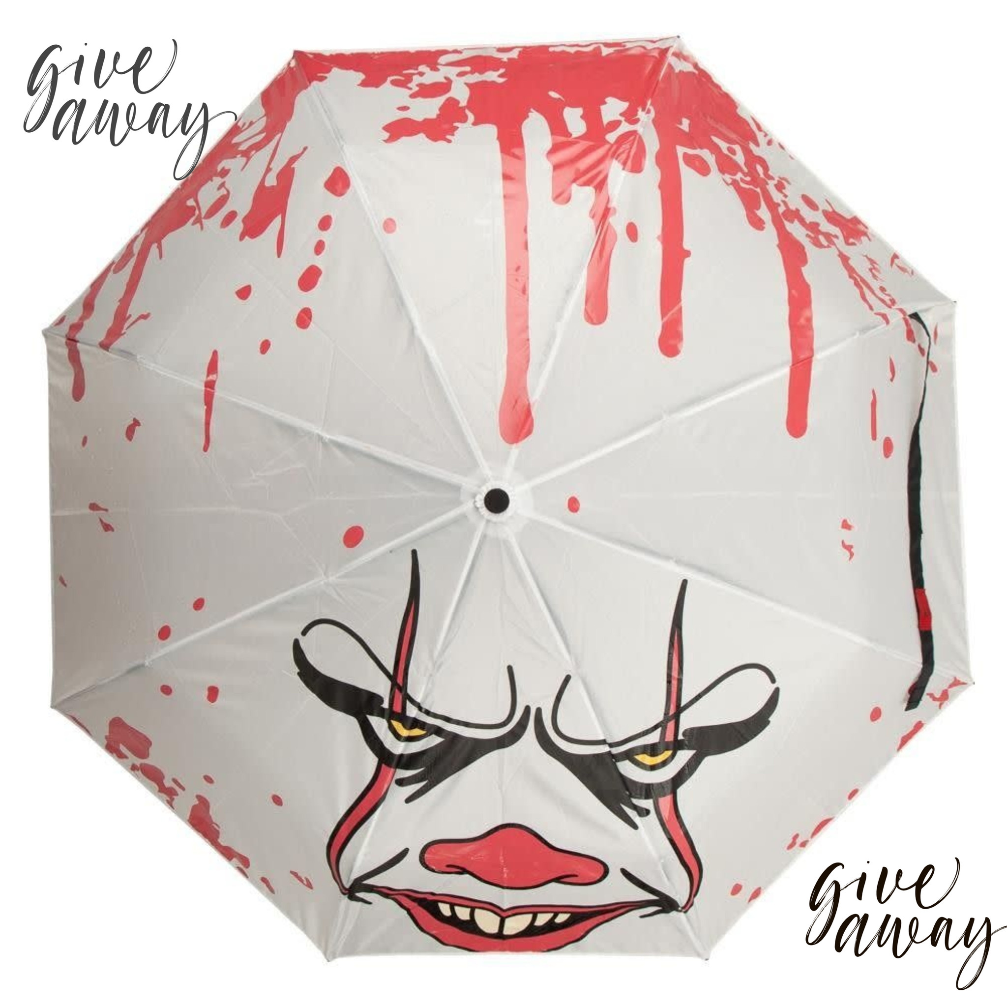 Give Away ! We geven drie van deze IT: Raining Blood Pennywise Liquid Reactive Umbrellas weg .