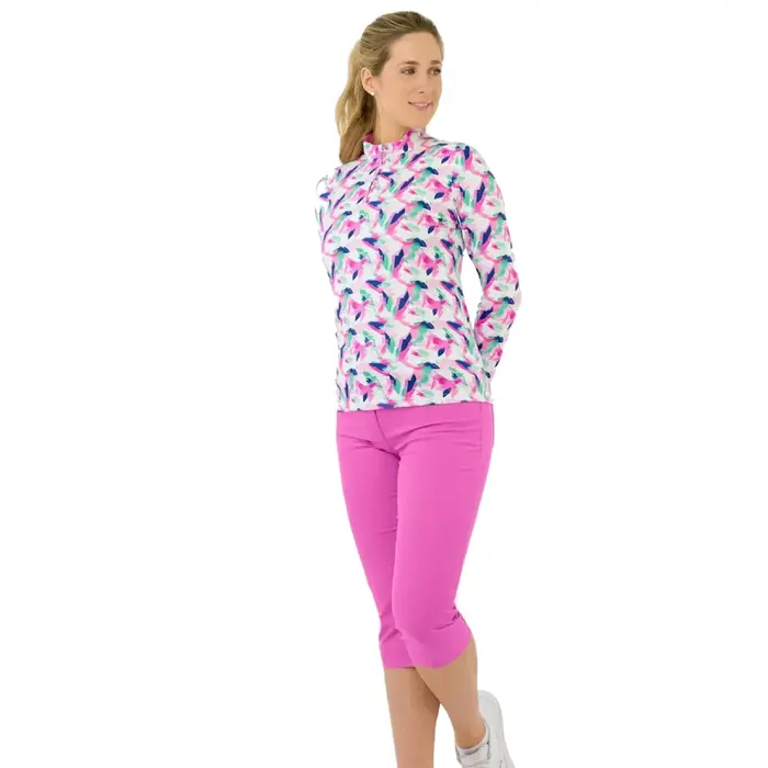 Pure Golf Pure Golf Serenity Zip Top Golfshirt met Lange Mouwen - Roze Wit Blauw