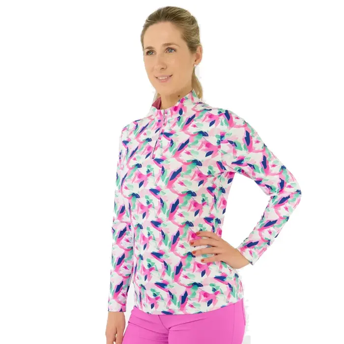 Pure Golf Pure Golf Serenity Zip Top Golfshirt à Manches Longues - Rose Blanc Bleu
