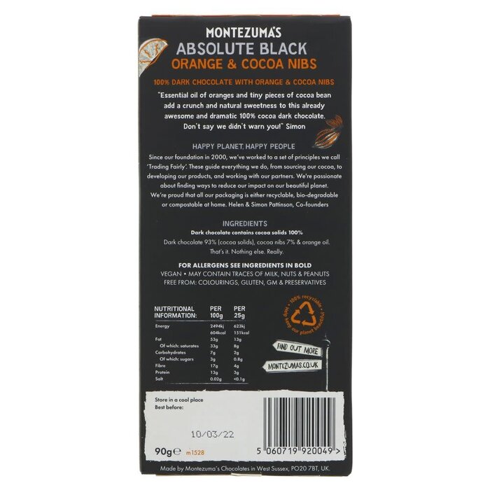 Montezuma Montezuma's Absolute Black - 100% Cocoa Solids with Orange & Cocoa Nibs - 90g
