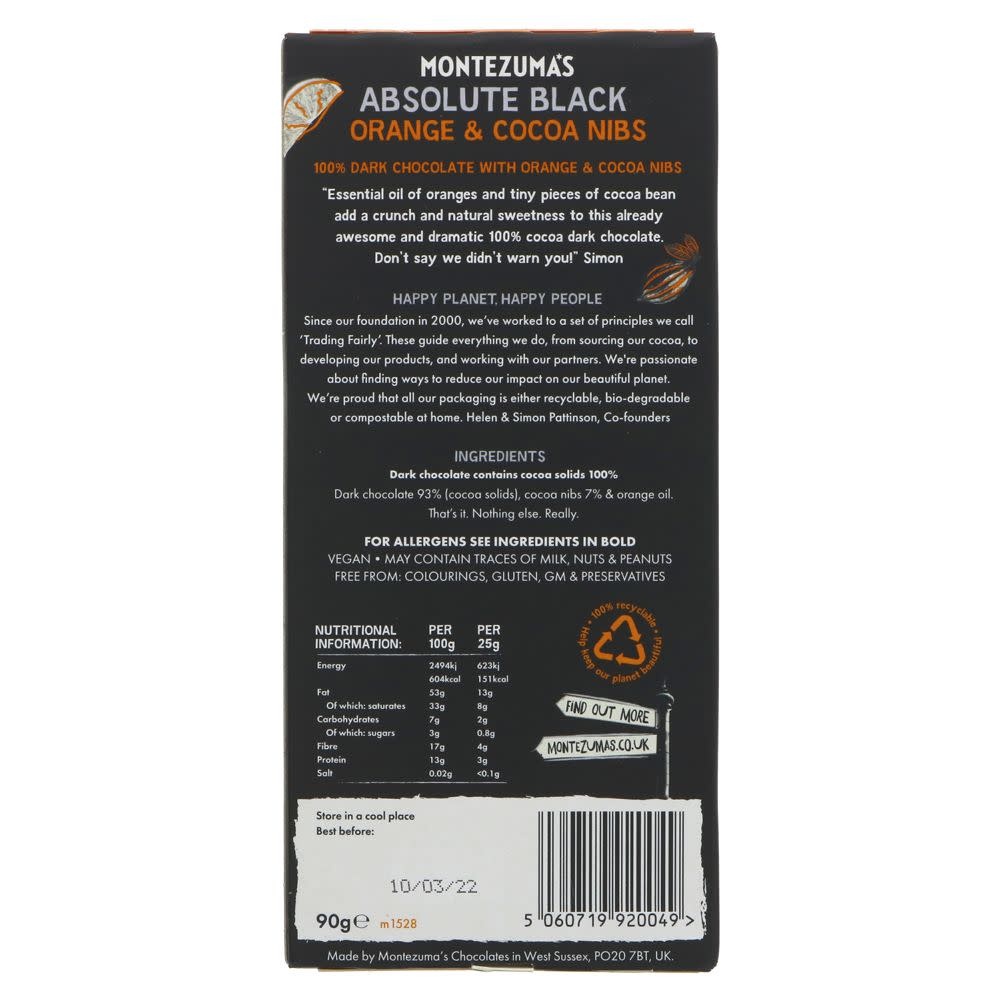 Montezuma Montezuma's Absolute Black - 100% Cocoa Solids with Orange & Cocoa Nibs - 90g