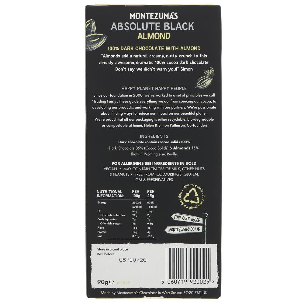 Montezuma Montezuma's Absolute Black - 100% Cocoa Solids with Almonds - 90g