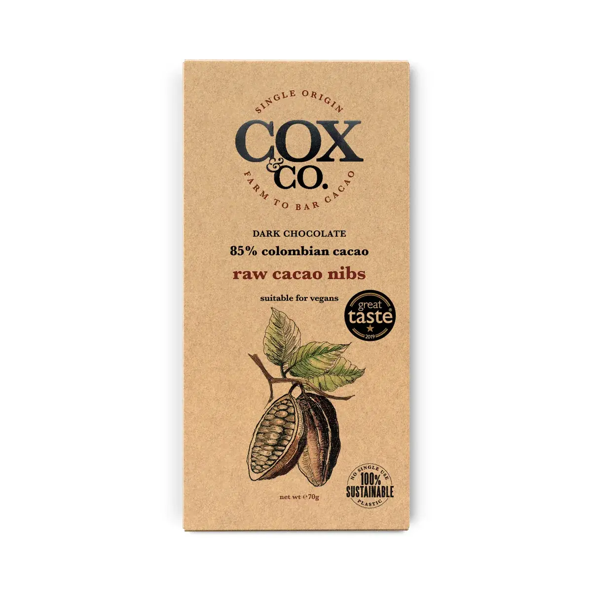 Cox & Co Raw Cacao Nibs Single Origin Dark Chocolate Bar 85% - Cox & Co - 70g