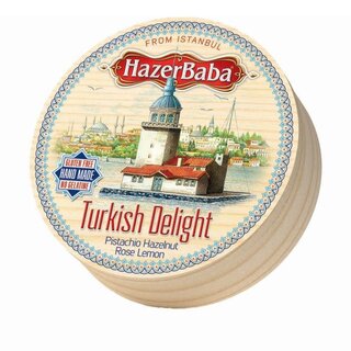 Hazer Baba Rose, Lemon, Pistachio & Hazelnut Turkish Delight GF - Wooden Drum - Hazer Baba - 454g