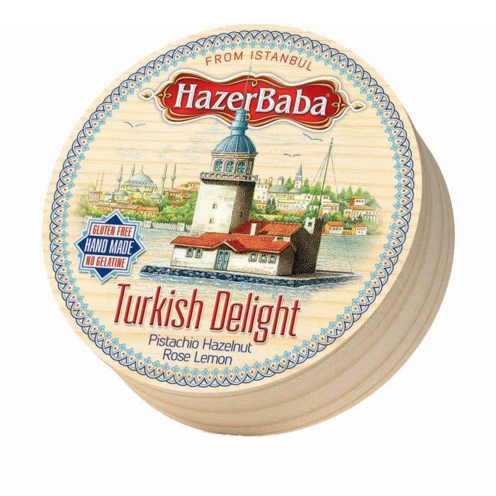 Hazer Baba Rose, Lemon, Pistachio & Hazelnut Turkish Delight GF - Wooden Drum - Hazer Baba - 454g