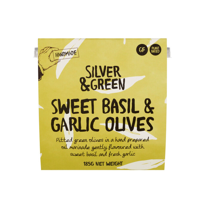 Silver & Green Sweet Basil & Garlic Olives in Pot - Silver & Green - 185g