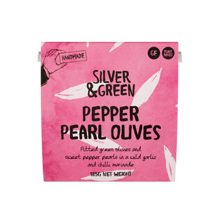 Silver & Green Pepper Pearl Olives in Pot - Silver & Green - 185g