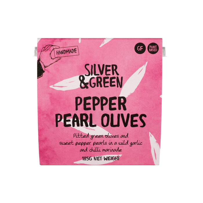 Silver & Green Pepper Pearl Olives in Pot - Silver & Green - 185g