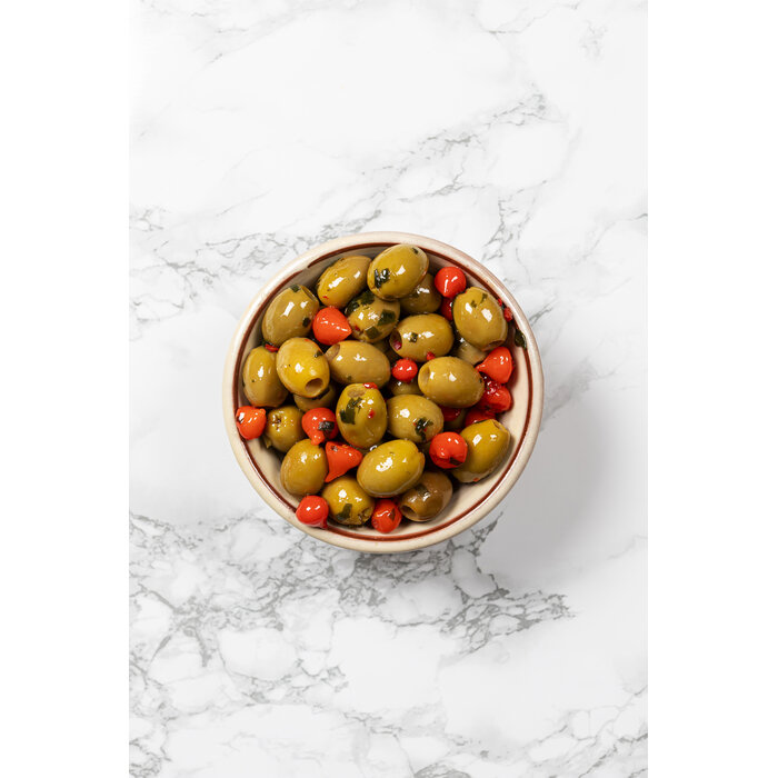 Silver & Green Pepper Pearl Olives in Pot - Silver & Green - 185g