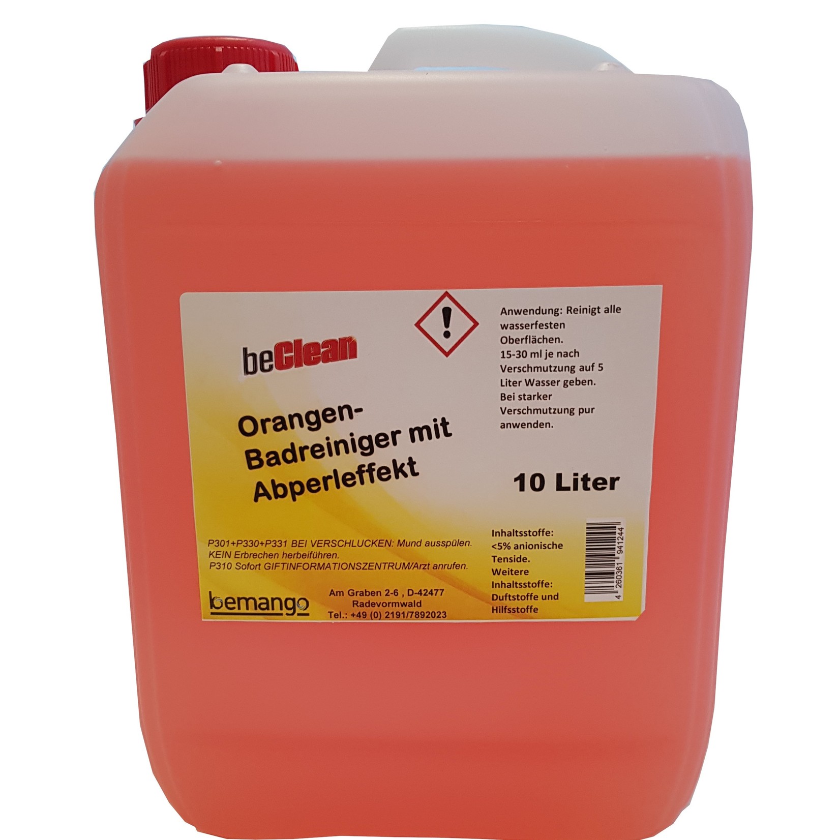 Willkommen bei Bemango – Qualität für Haushalt, Handwerk & Industrie Badreiniger orange mit Abperleffekt 10l im Kanister