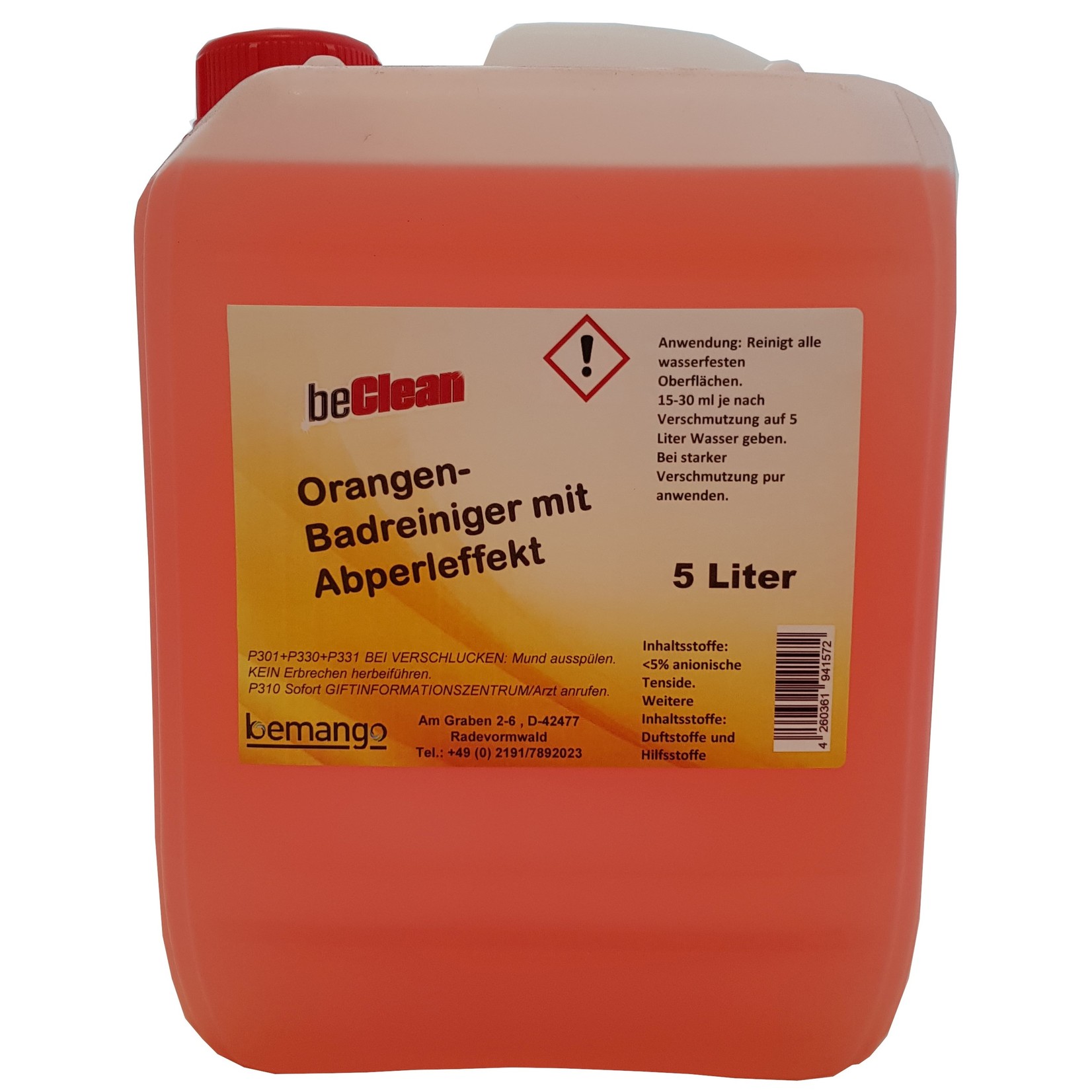 Willkommen bei Bemango – Qualität für Haushalt, Handwerk & Industrie Badreiniger orange mit Abperleffekt 5l im Kanister