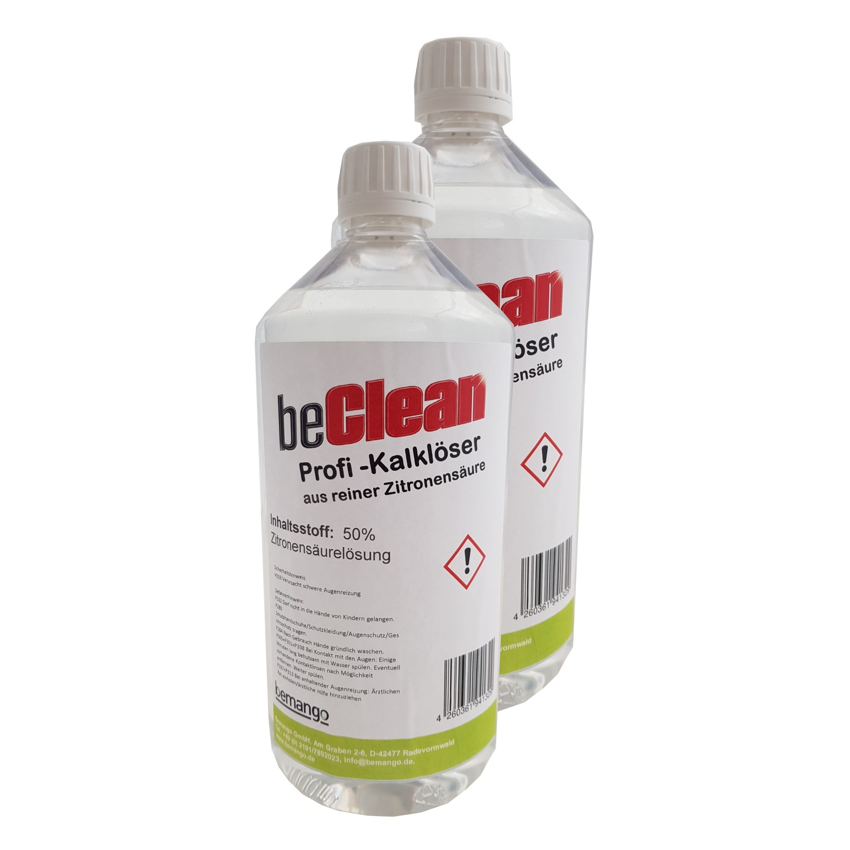 beClean Zitronensäure 50% flüssig 1 Liter Flasche mit Squeeze-Verschluss
