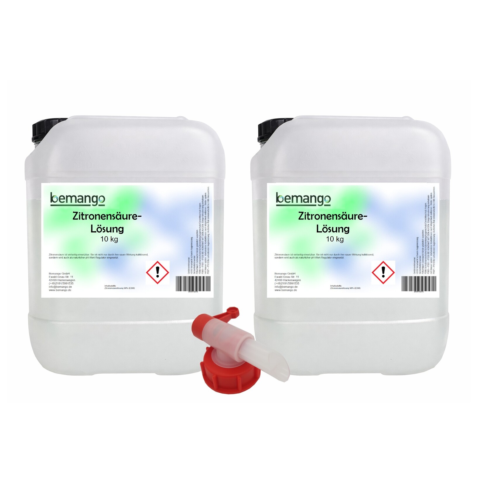 Willkommen bei Bemango – Qualität für Haushalt, Handwerk & Industrie Zitronensäure, 50%, flüssig, 2x10kg Kanister mit Hahn