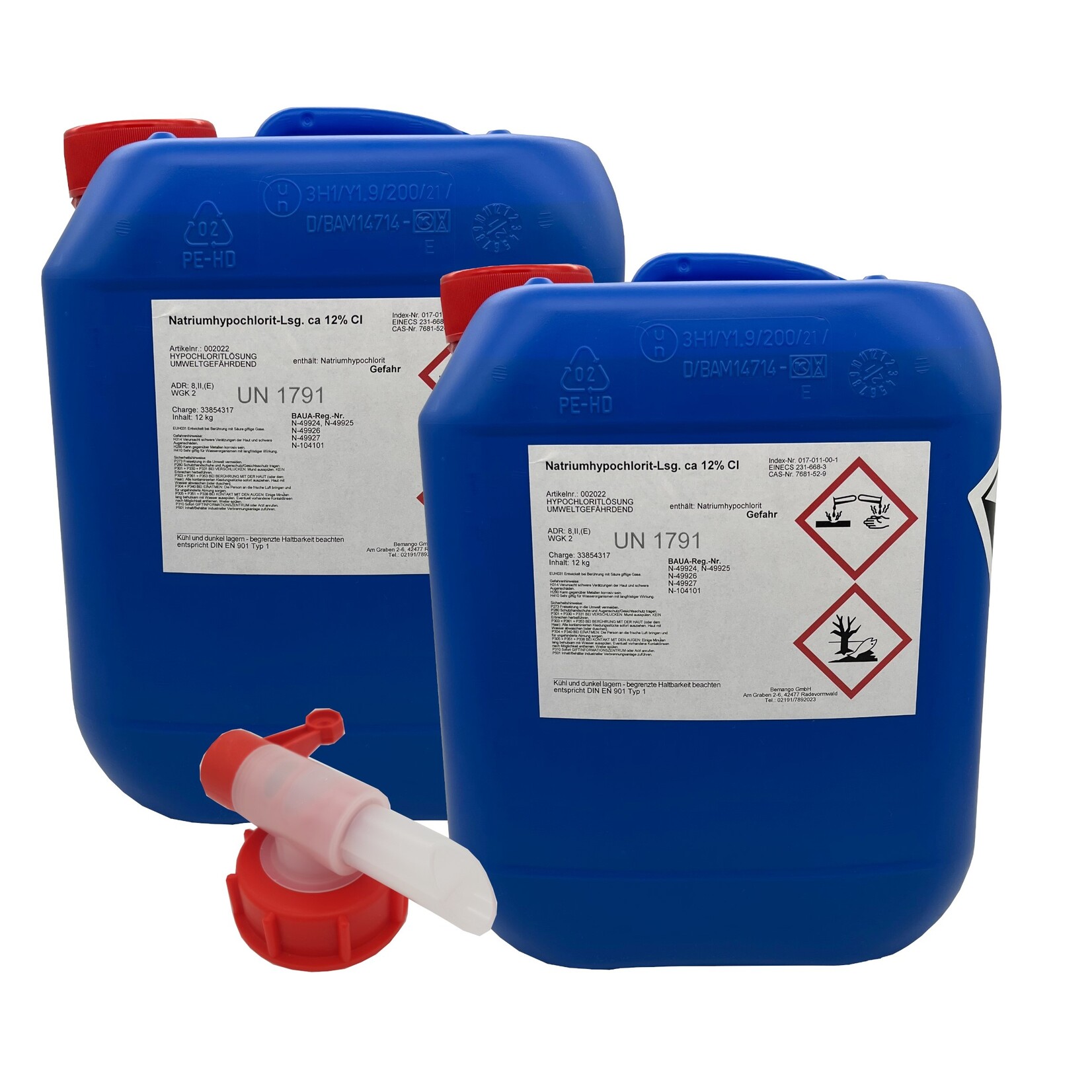Willkommen bei Bemango – Qualität für Haushalt, Handwerk & Industrie Chlorbleiche Natriumhypochloritlösung 12% 2x10 Liter mit Dosierhahn