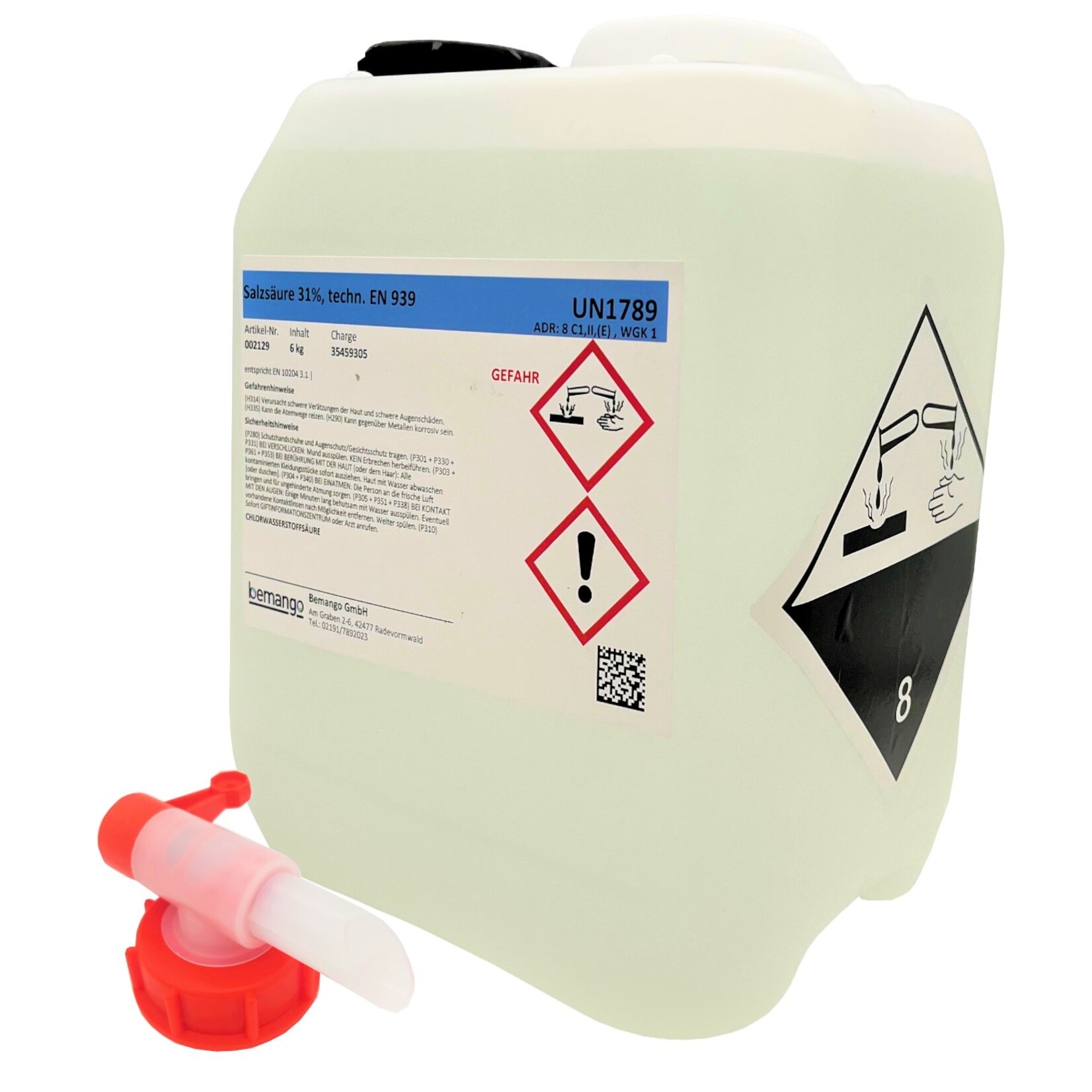 Bemango Salzsäure 31% technisch im 6kg-Kanister plus 1 Ablasshahn DIN51/23
