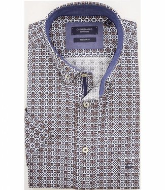 wit overhemd korte mouw blauw-bruine print