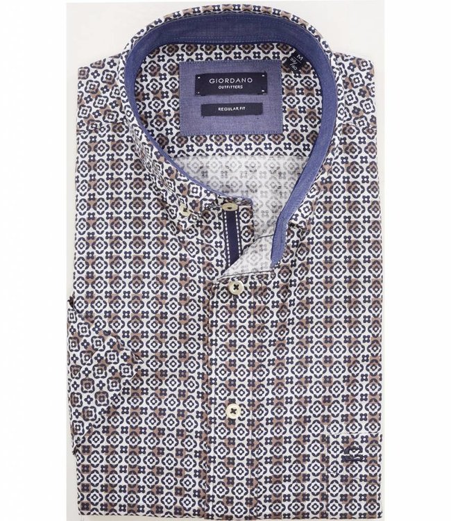 816090-82 wit overhemd korte mouw blauw-bruine print 1knoops button down