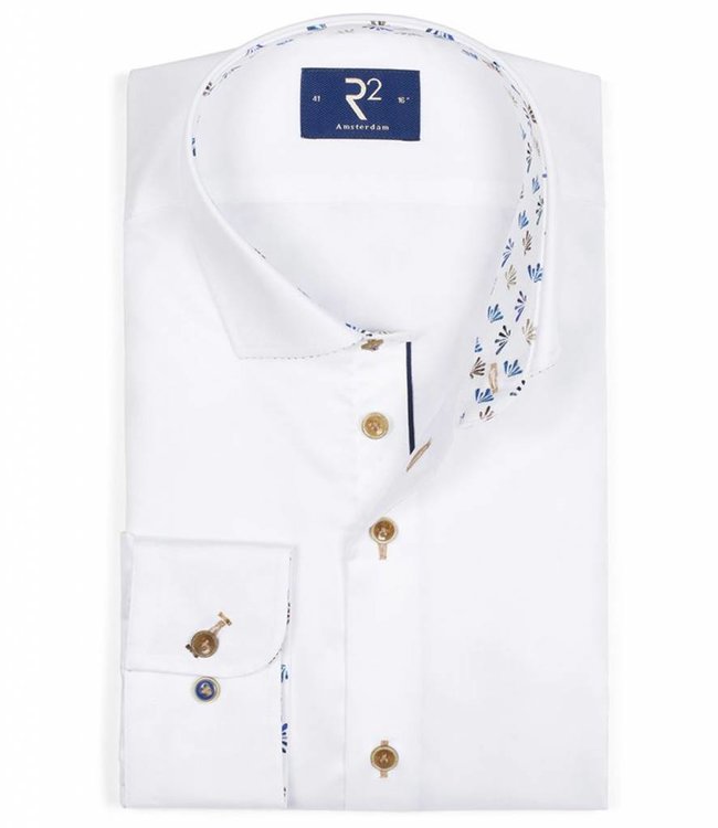 heren overhemd wit met  beige print aan de binnenkant van boord en manchetten en beige knopen 1knoops wide wide spread 100 procent katoen