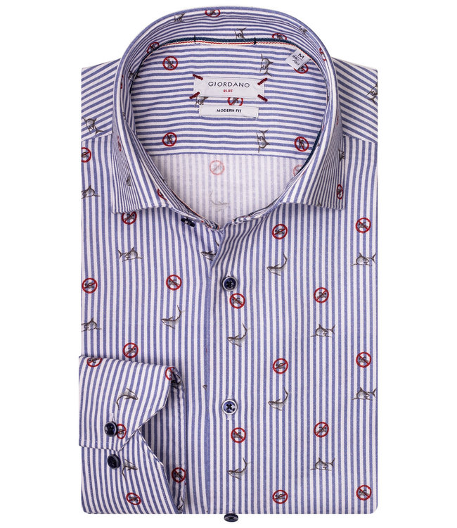 modern fit heren overhemd blauw-wit met ingeweven haaien print 1knoops wide spread