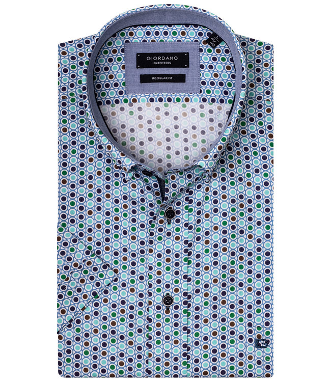 Regular Fit heren overhemd korte mouw rondjes print met lichtblauw-donkerblauw-groen-bruin print 100 procent katoen 1knoops button down met borstzak