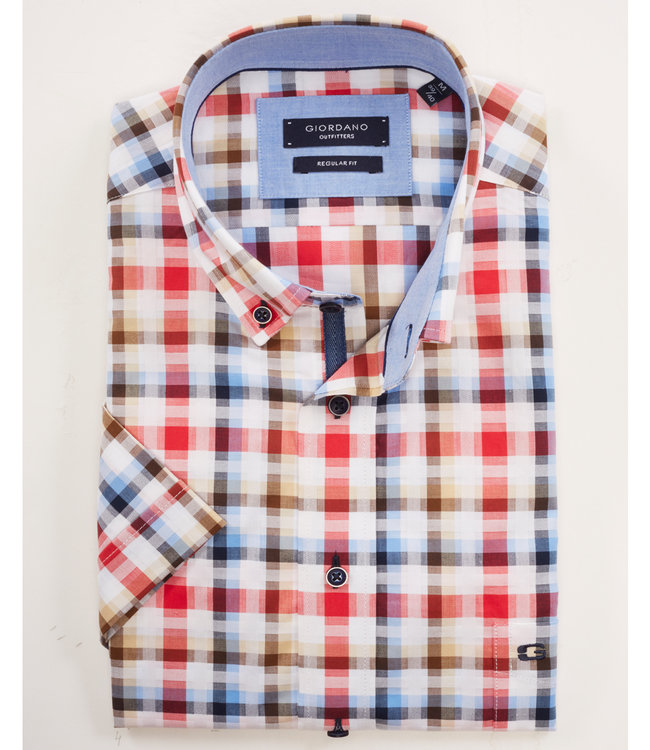 korte mouw overhemd speciaal ruitje werkje beige-bruin-rood-donkerblauw-lichtblauw 1knoops button down met borstzak 100 procent katoen