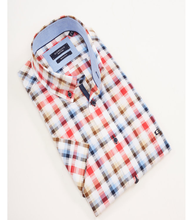 korte mouw overhemd speciaal ruitje werkje beige-bruin-rood-donkerblauw-lichtblauw 1knoops button down met borstzak 100 procent katoen