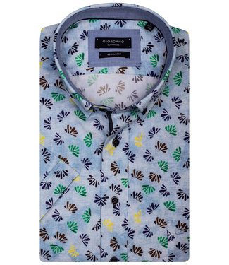 korte mouw lichtblauw met groen-donkerblauw-bruin-geel blaadjes print