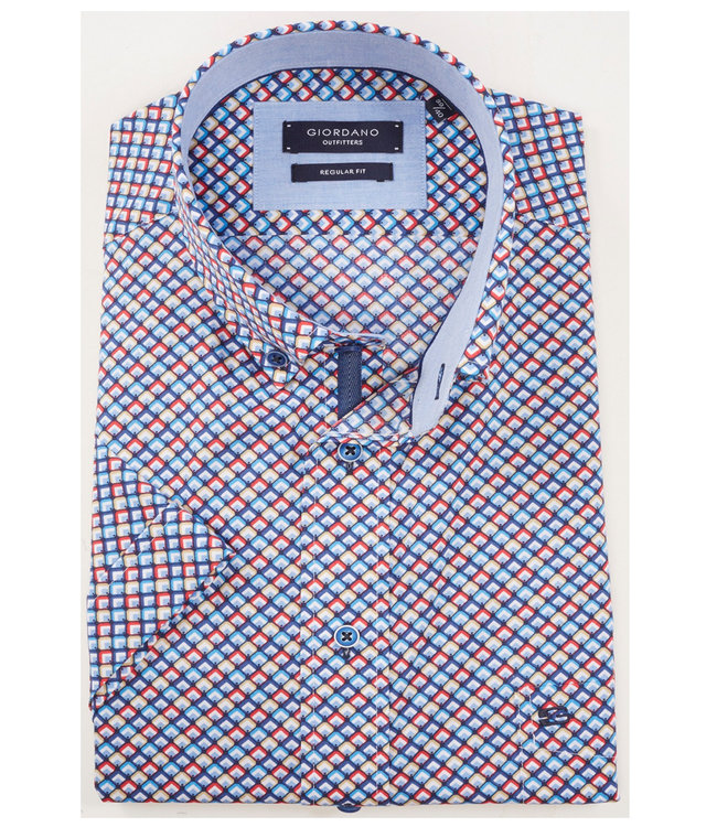 heren overhemd korte mouw ruit print beige-rood-lichtblauw-donkerblauw met donkerblauwe knopen en borstzak 100 procent katoen